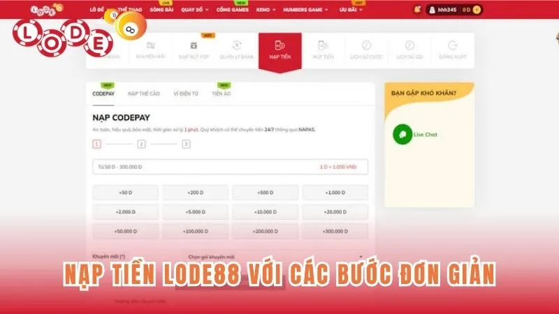 Nạp tiền vào Lode88 với các bước thực hiện đơn giản